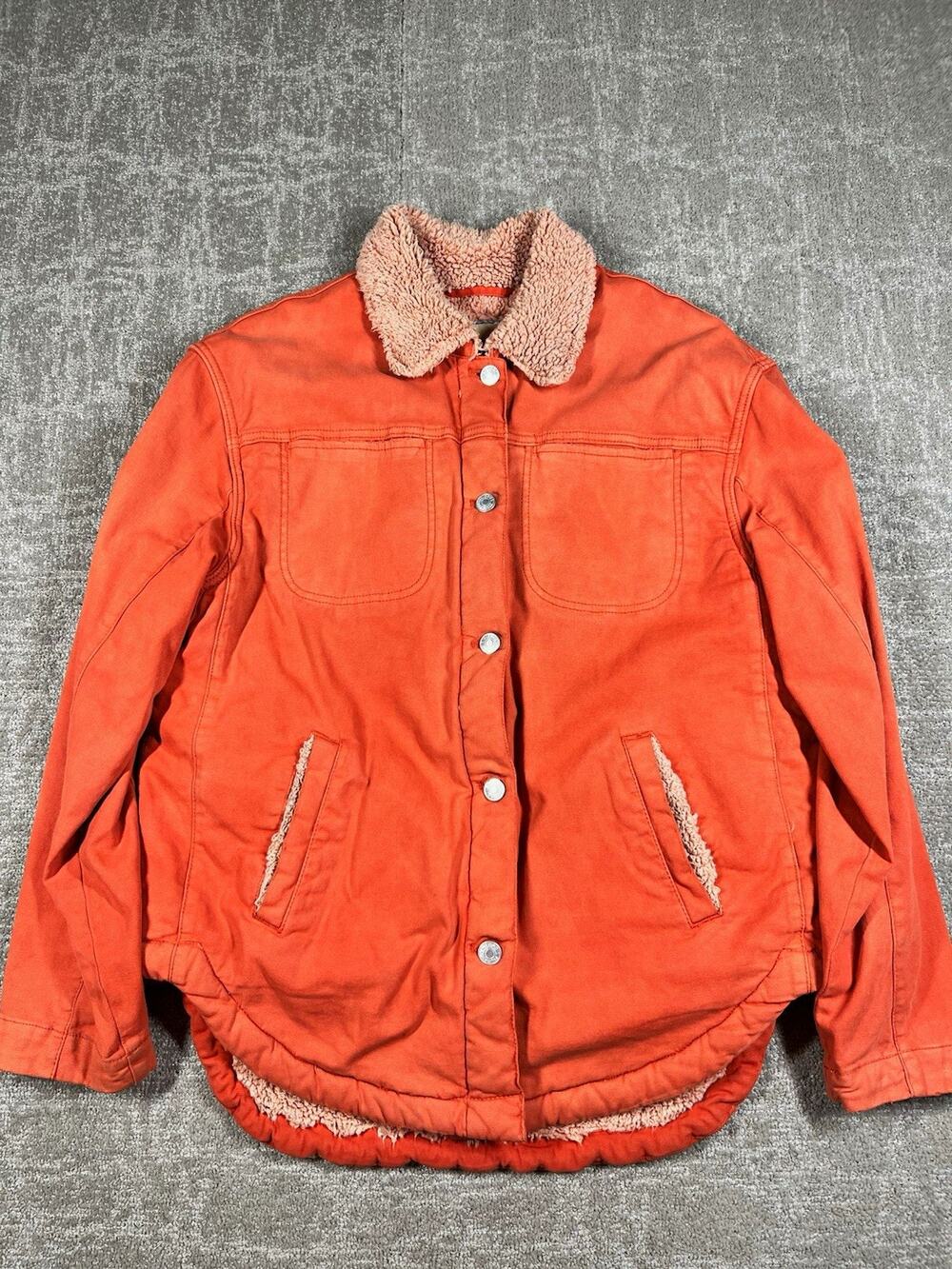 Pilcro Sherpa Lined Button Front Jacket Orange Pockets Point Collar Women Small